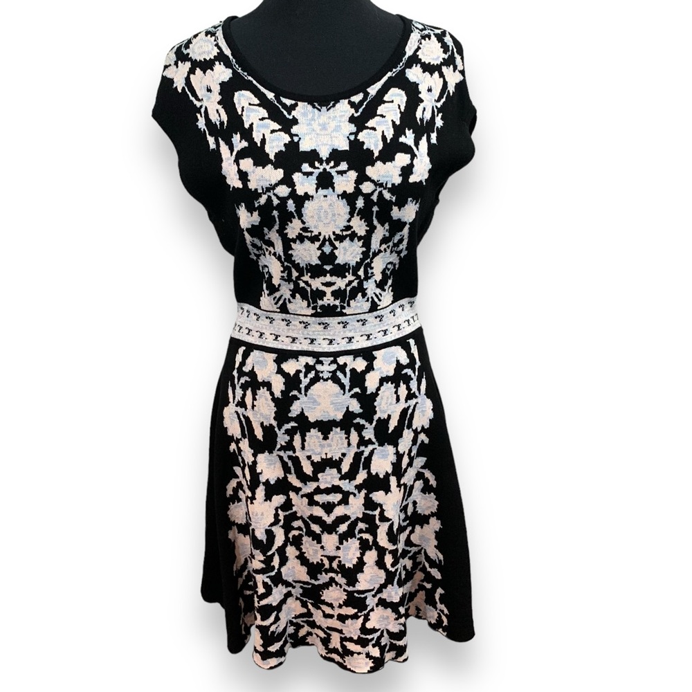 Nannette Lepore Good Karma Intarsia Knit Black Floral Sheath Dress